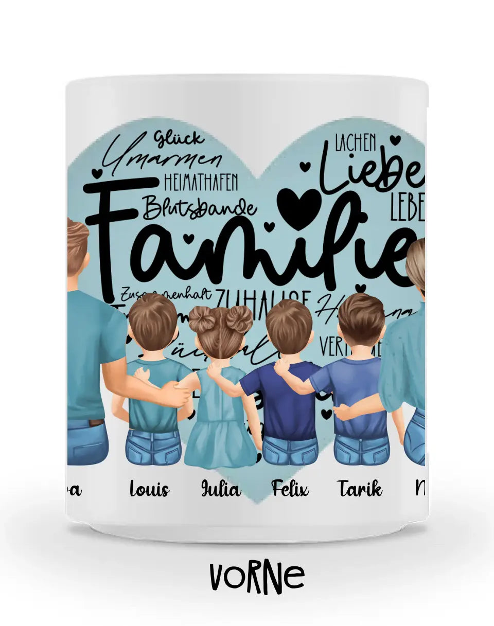 Tasse - Familie mit einer Tochter und drei Söhnen - Herz - mittiger Druck