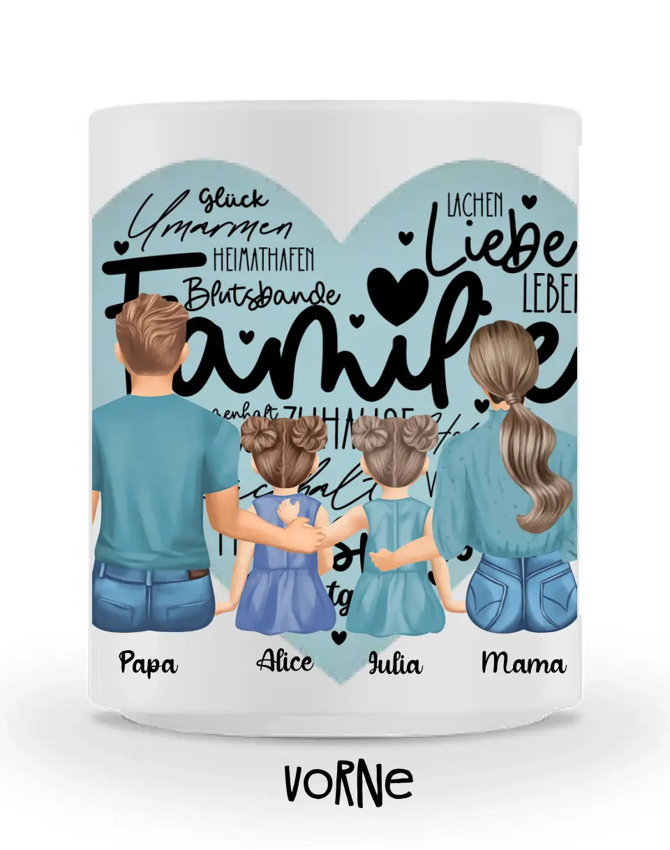 Tasse - Familie mit zwei Töchtern - Herz - mittiger Druck