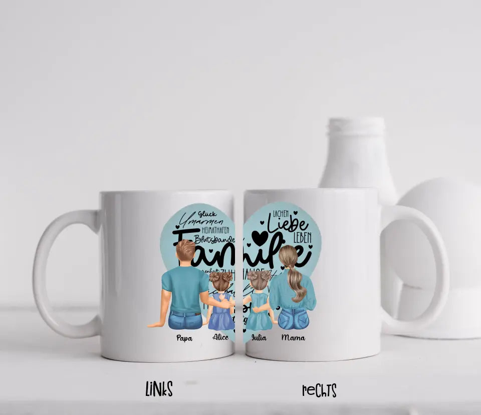 Tasse - Familie mit zwei Töchtern - Herz - mittiger Druck