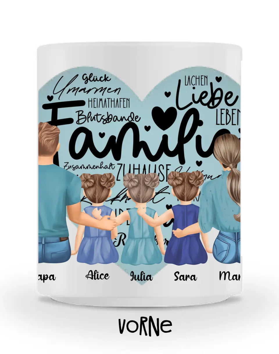 Tasse - Familie mit drei Töchtern - Herz - mittiger Druck