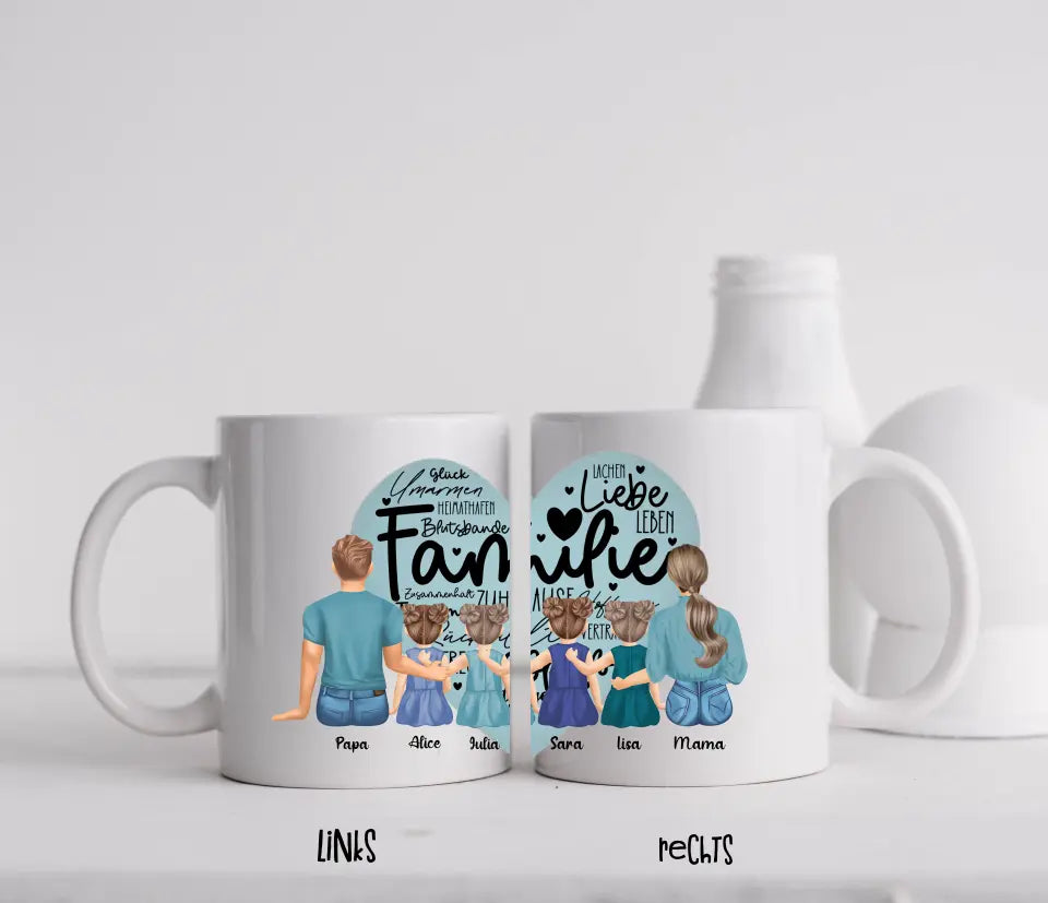 Tasse - Familie mit vier Töchtern - Herz - mittiger Druck