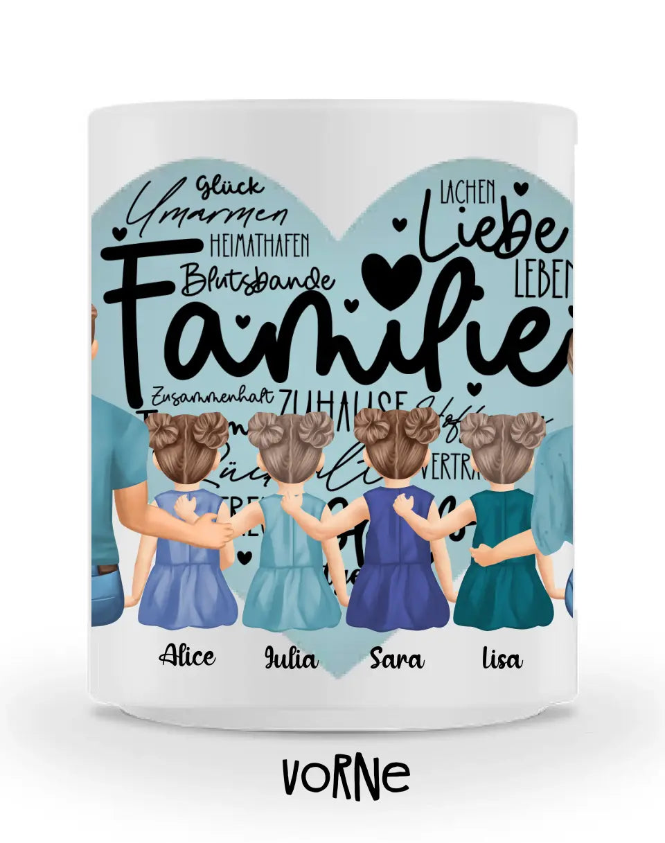 Tasse - Familie mit vier Töchtern - Herz - mittiger Druck