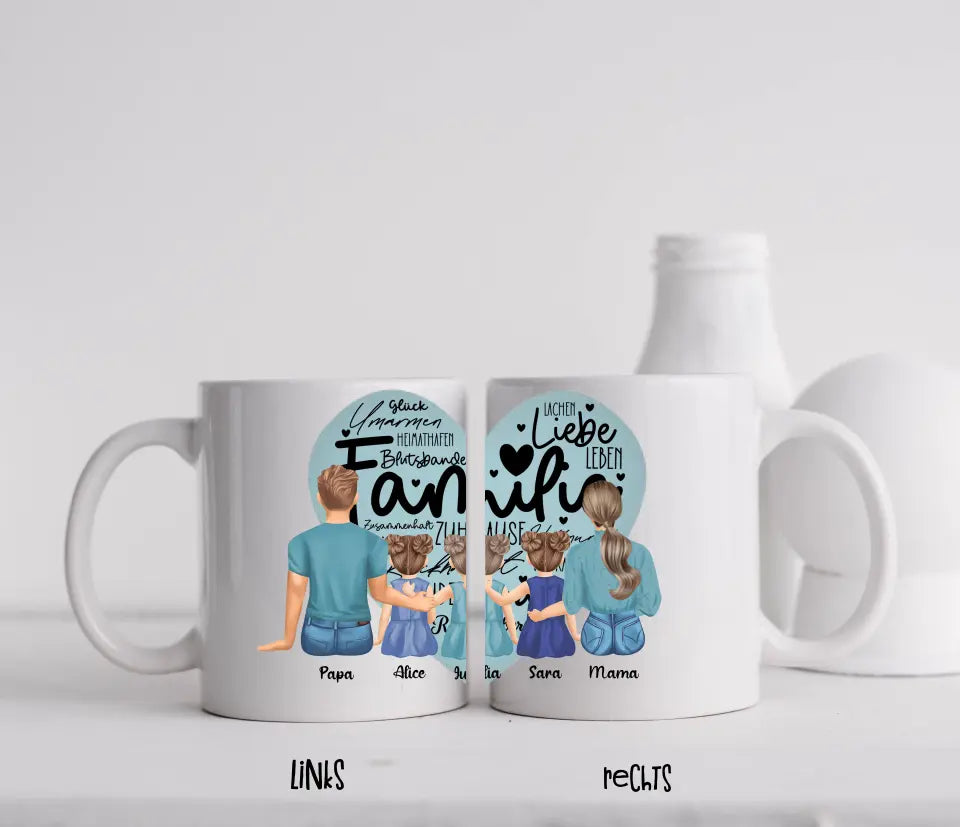 Tasse - Familie mit drei Töchtern - Herz - mittiger Druck