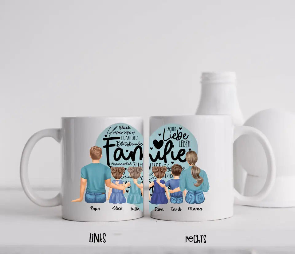 Tasse - Familie mit drei Töchtern und einem Sohn - Herz - mittiger Druck