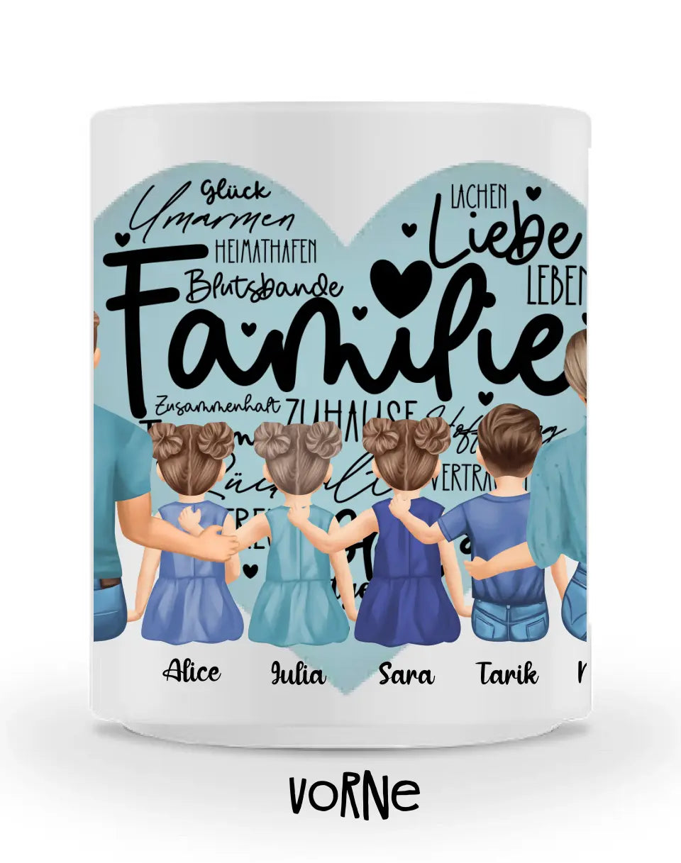 Tasse - Familie mit drei Töchtern und einem Sohn - Herz - mittiger Druck