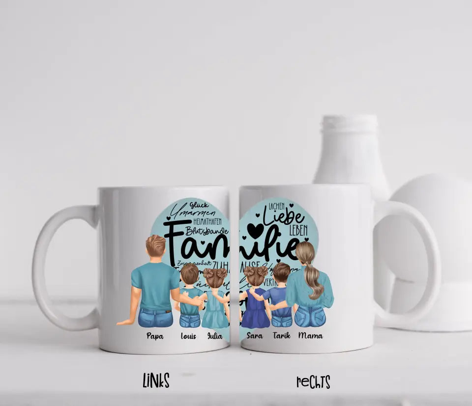 Tasse - Familie mit zwei Töchtern und zwei Söhnen - Herz - mittiger Druck
