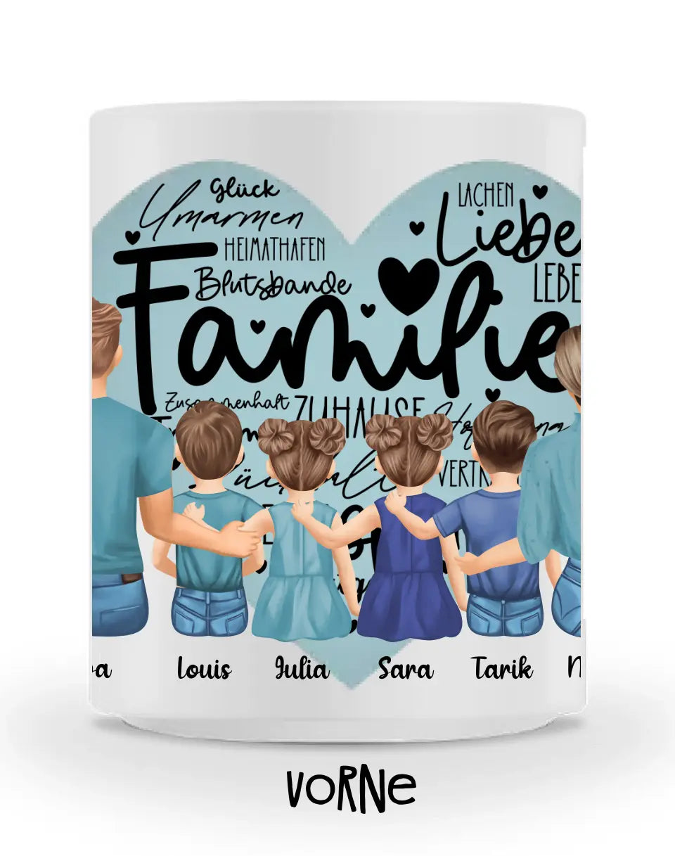 Tasse - Familie mit zwei Töchtern und zwei Söhnen - Herz - mittiger Druck