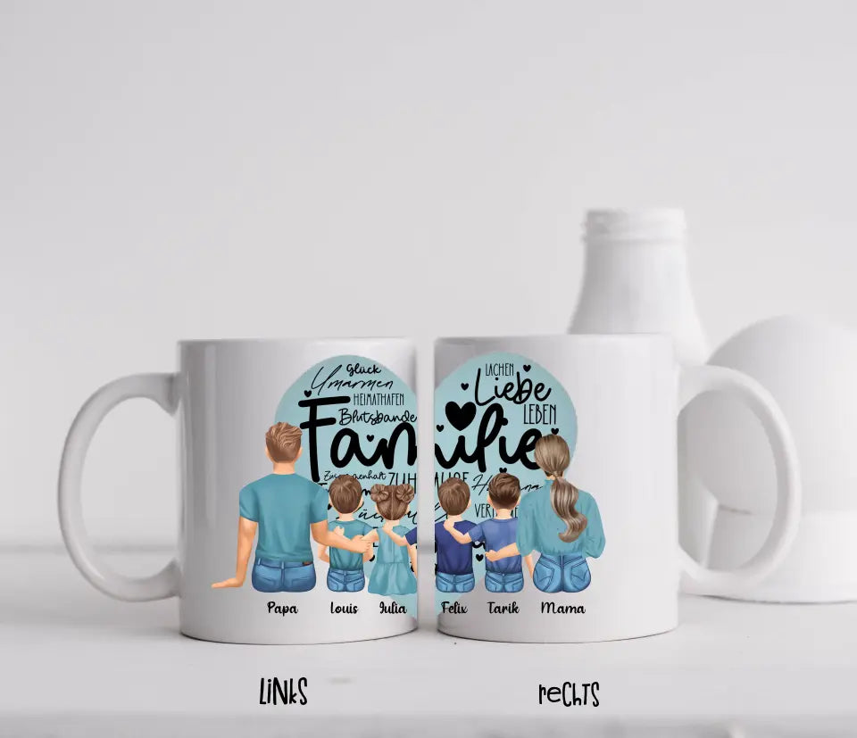 Tasse - Familie mit einer Tochter und drei Söhnen - Herz - mittiger Druck