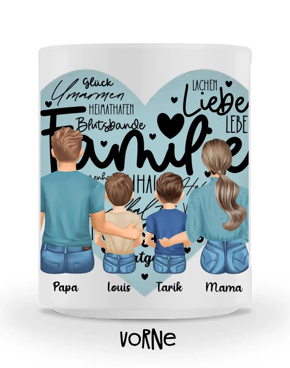 Tasse - Familie mit zwei Söhnen - Herz - mittiger Druck