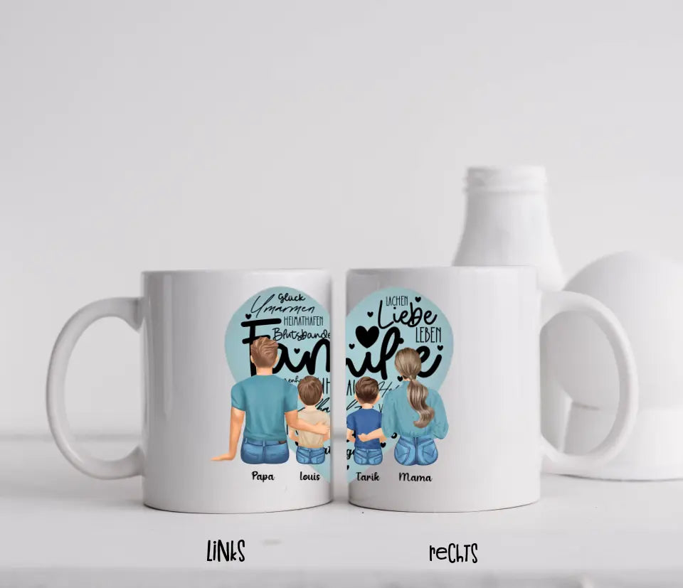 Tasse - Familie mit zwei Söhnen - Herz - mittiger Druck